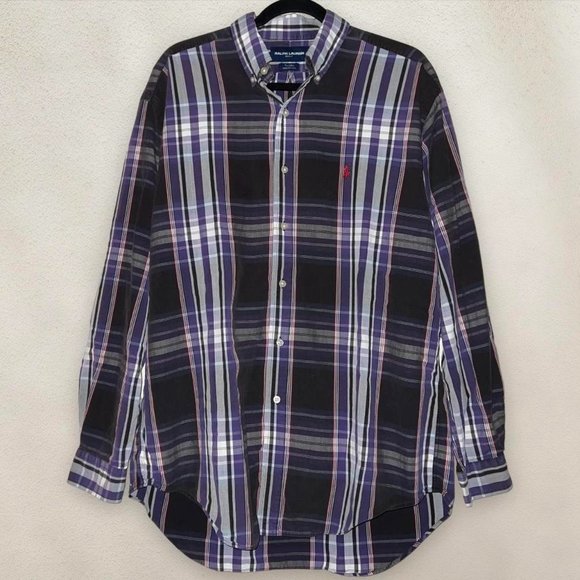 Ralph Lauren Golf Button Down Shirt Plaid Striped Purple Cotton Tall Men's Large - Picture 1 of 5